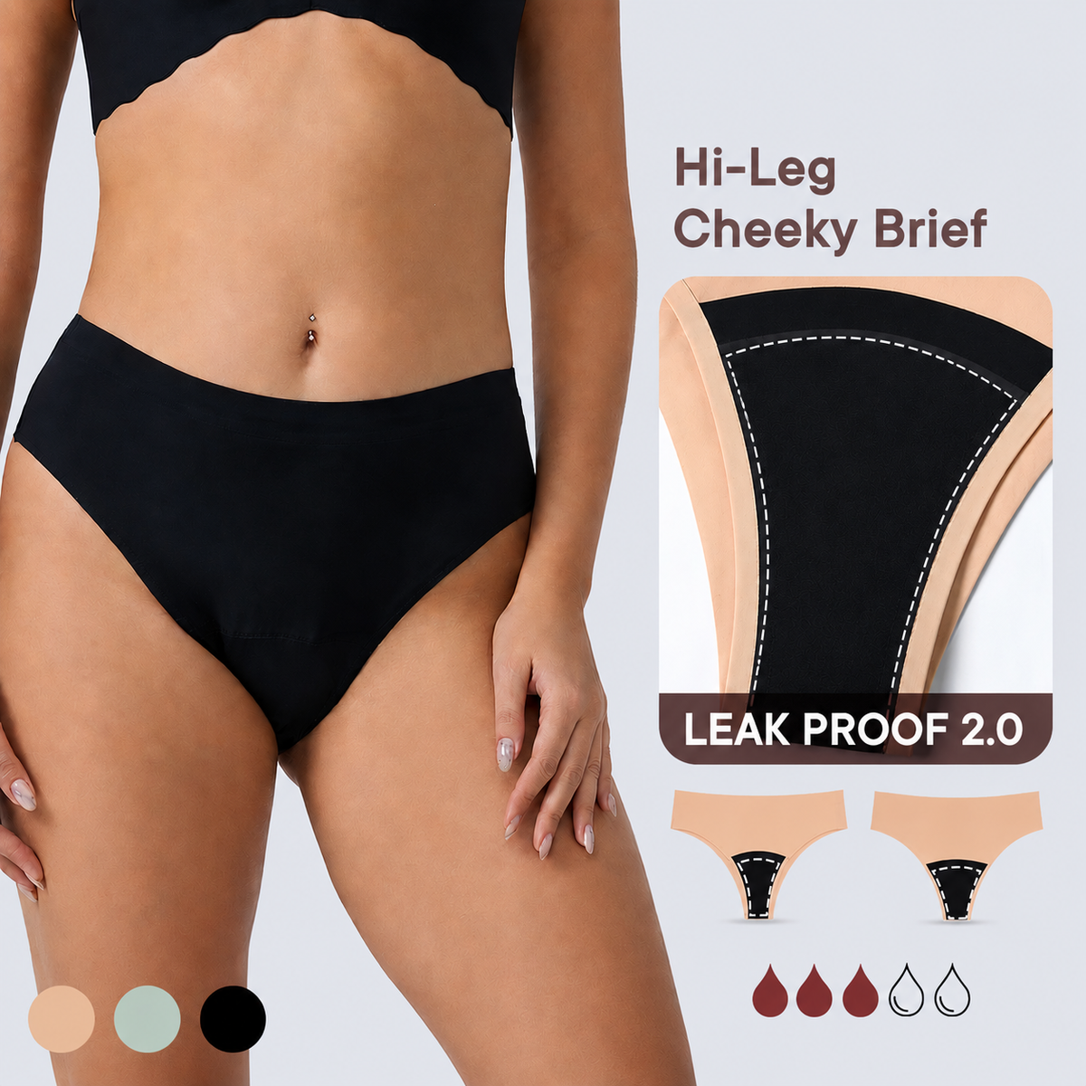  Braga menstrual de talle alto sin costuras – Absorbente y anti fugas