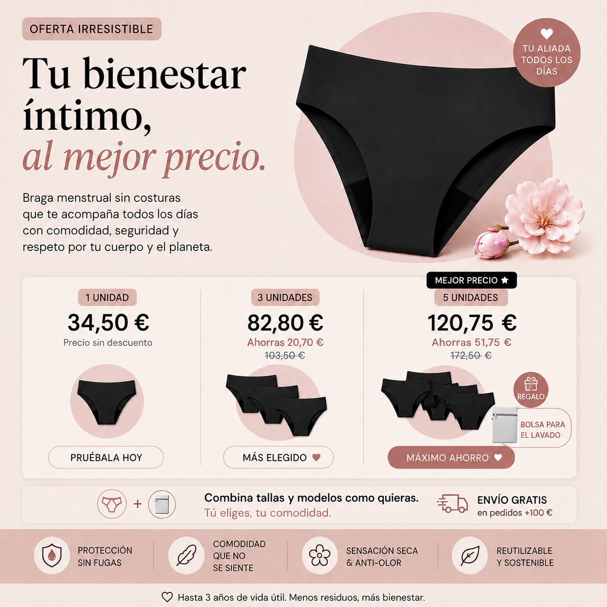  Braga menstrual sin costuras - absorción alta