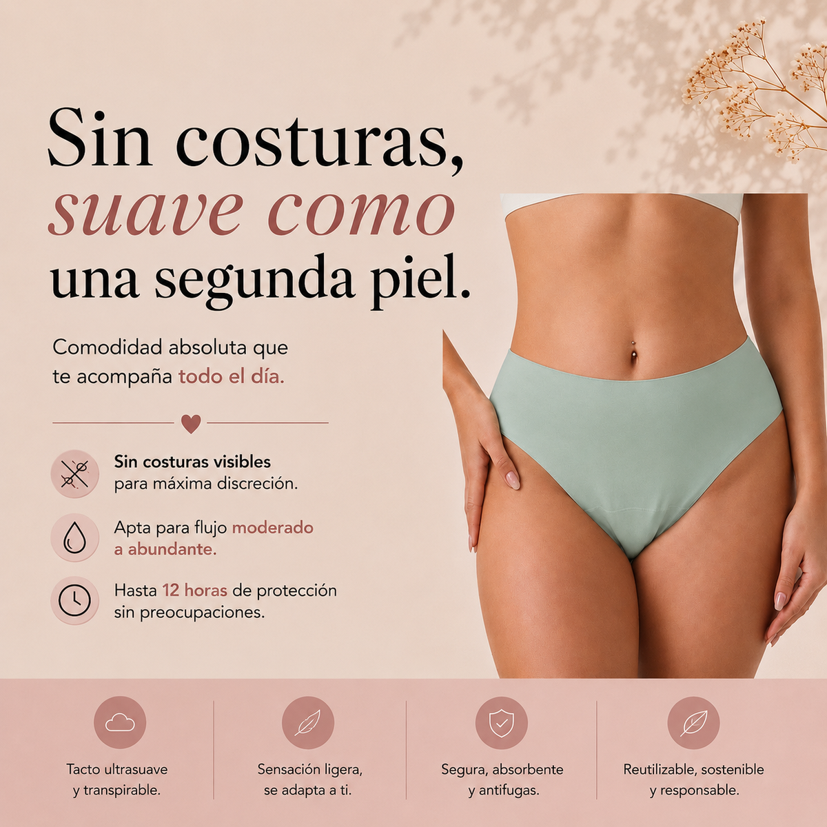  Braga menstrual de talle alto sin costuras – Absorbente y anti fugas