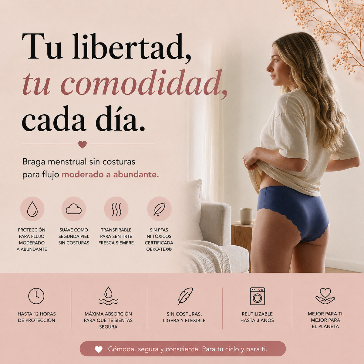  Braga menstrual sin costuras - Flujo abundante y protección anti fugas