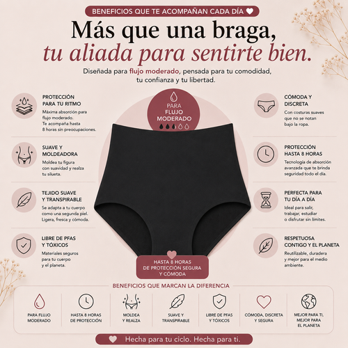  Braga menstrual de talle alto – Moldeadora - Transpirable y anti fugas