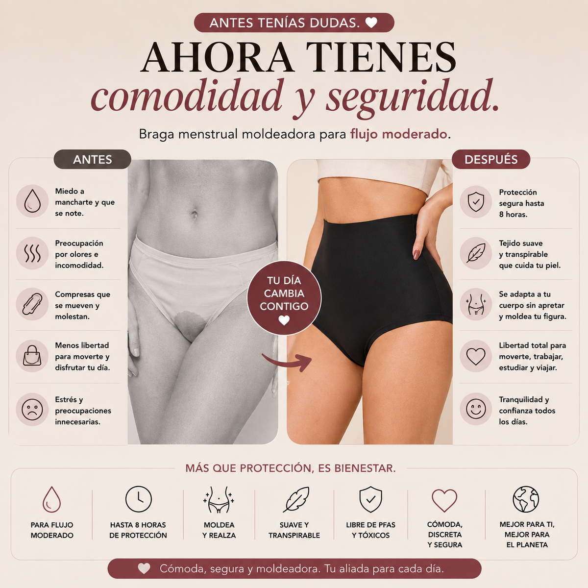  Braga menstrual de talle alto – Moldeadora - Transpirable y anti fugas